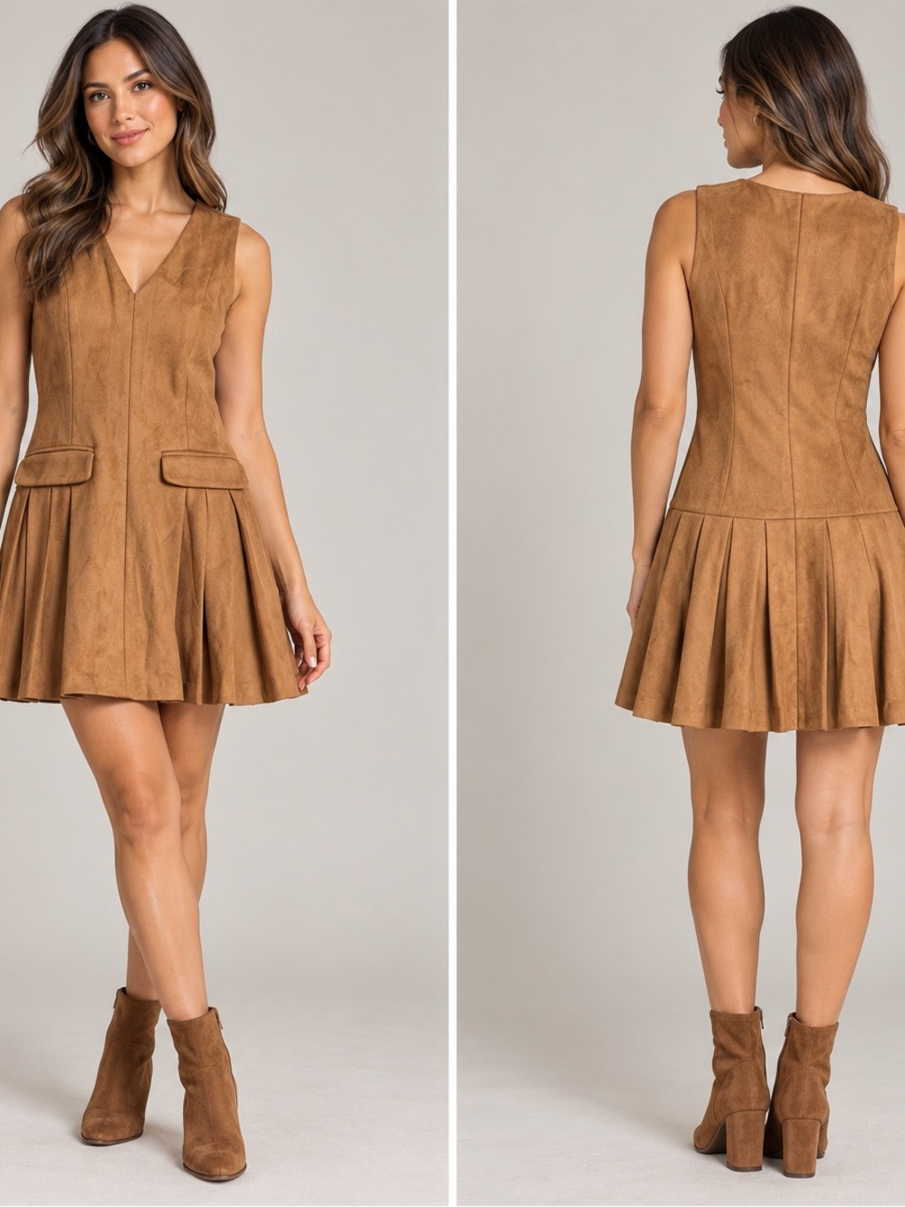 Day + Moon Camel Suede-Look Pleated Mini Dress | Size M | NWT
